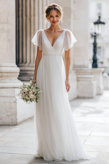 Ivory V-Neck A-Line Tulle Wedding Dress